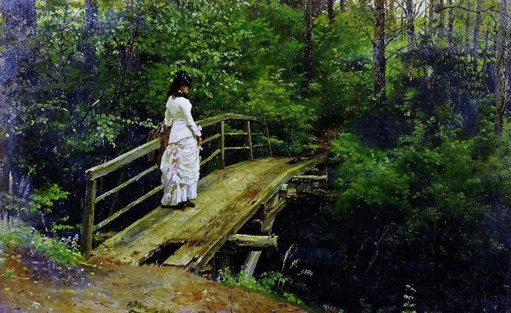 イリヤ・レーピン  夏の風景（アブラムツェヴォの橋の上のヴェーラ・アレクセーエヴナ・レーピナ）　1879年