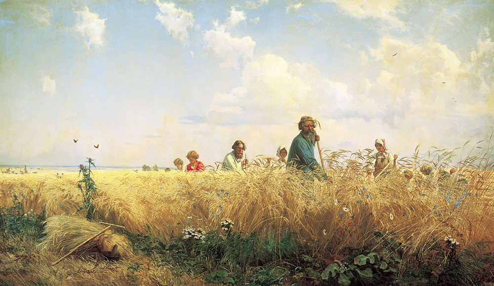 グリゴリー・ミャソエードフ　収穫のとき、芝を刈る人　1887年