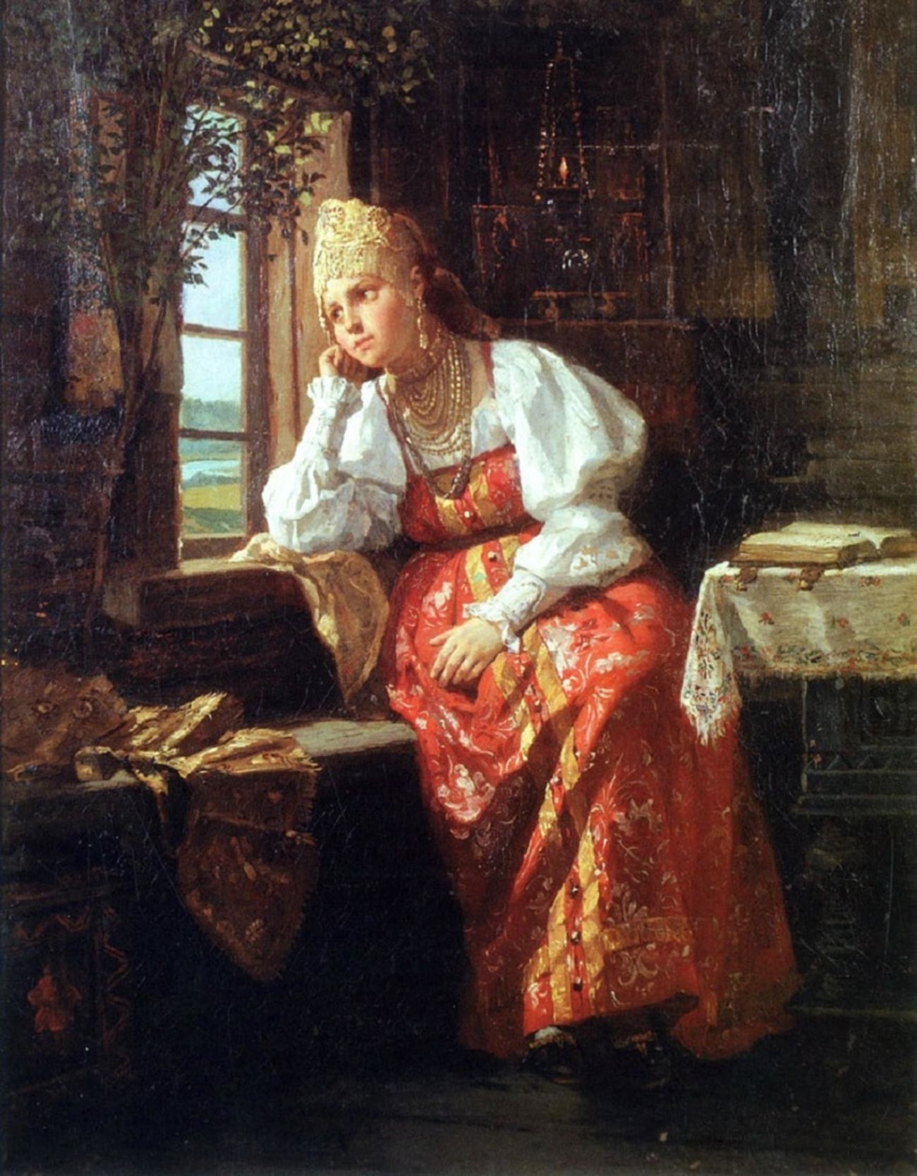 «Девушка у окна», художник Фирс Журавлев (1836-1901)