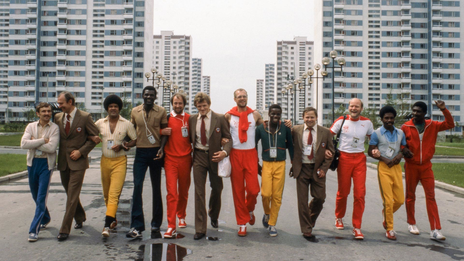 Sportsmen from the USSR, Denmark and Guyana in Olympic Village.