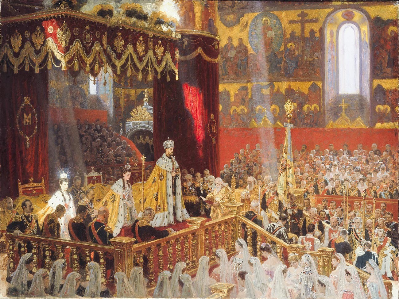 The coronation of Nicholas II in the Dormition Cathedral of the Moscow Kremlin.