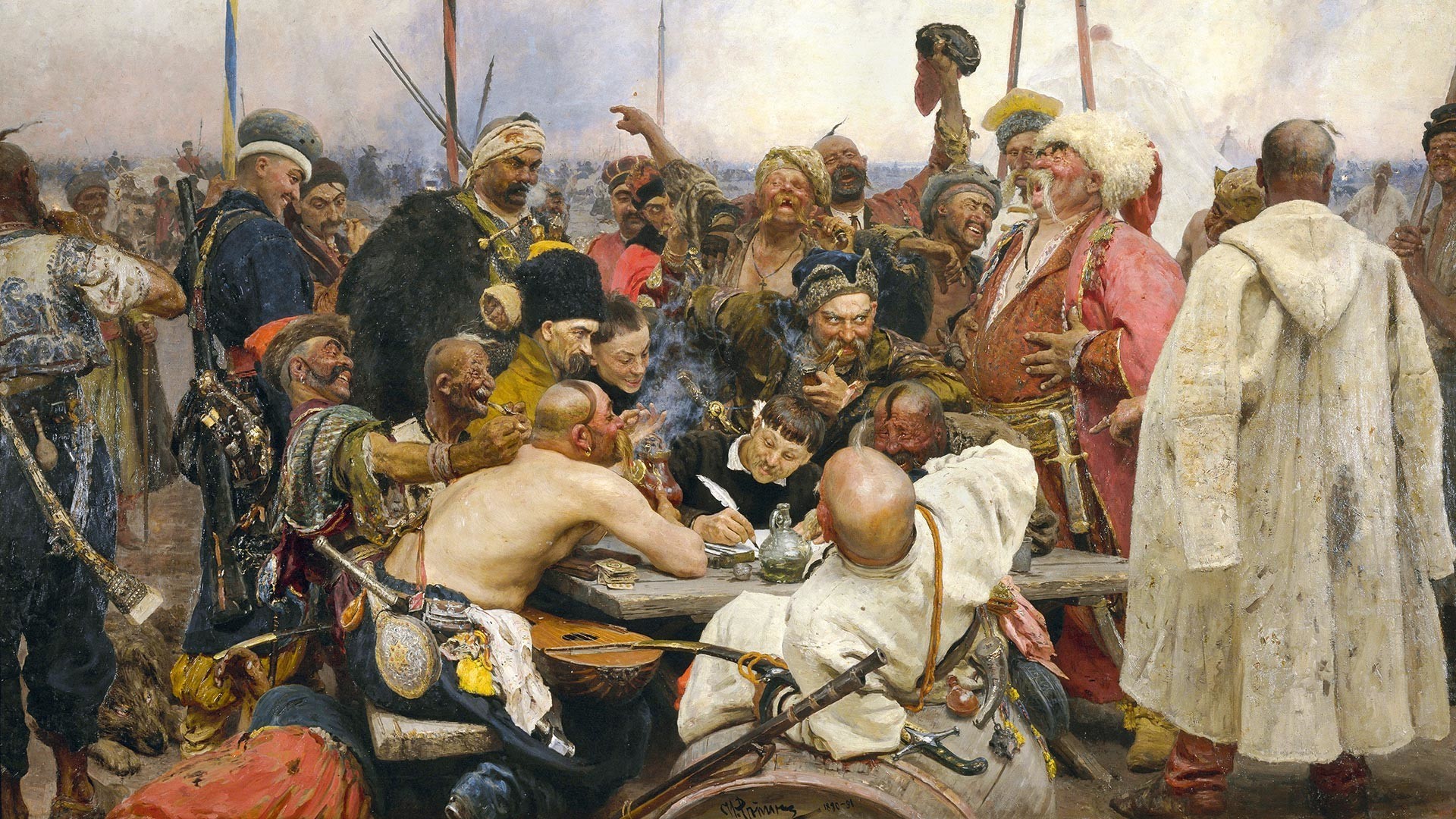 Zaporoški kozaki odgovarjajo osmanskemu sultanu Mehmedu IV., 1880-1891, naslikal Ilja Repin (1844-1930)

Ilja Repin