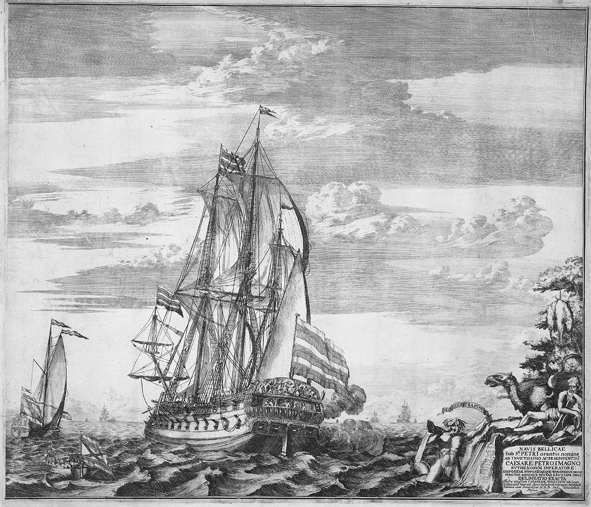 Flagship 'Goto Predestinatsia' (The Providence of God) built by Peter the Great at Voronezh, 1700, 1701. Found in the collection of Rijksmuseum, Amsterdam. Artist : Schoonebeek (Schoonebeck), Adriaan (1661-1705). 