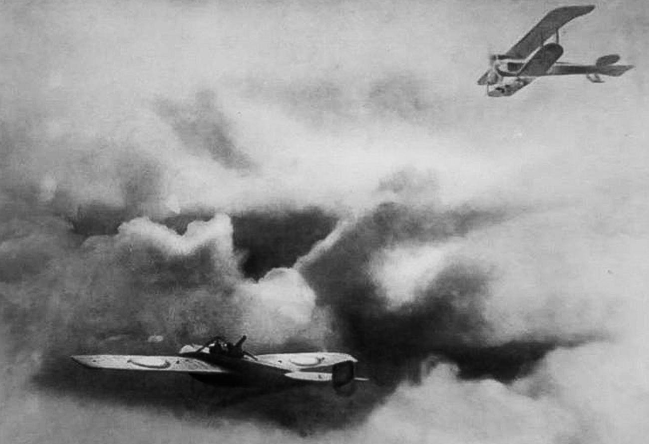 Batalla aérea entre aviones rusos y austriacos.