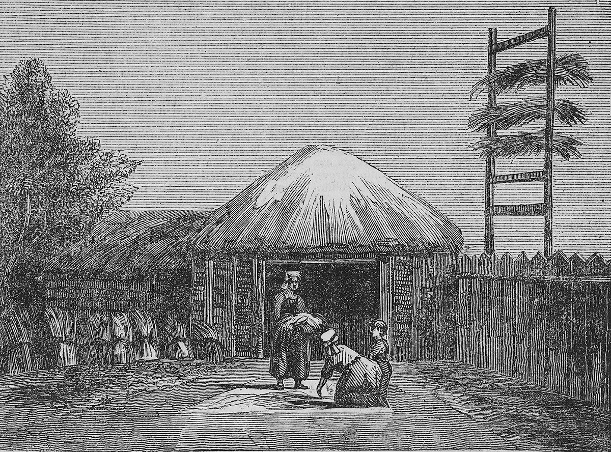 Sušenje konoplje in lana, Rusija, ilustracija iz Teatro universale, Raccolta enciclopedica e scenografica, 1838.
