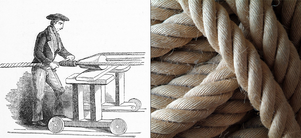 Izdelava vrvi: „polaganje“ ali zvijanje treh pramenov konopljine preje, da nastane vrv (levo). Konopljina vrv (desno).