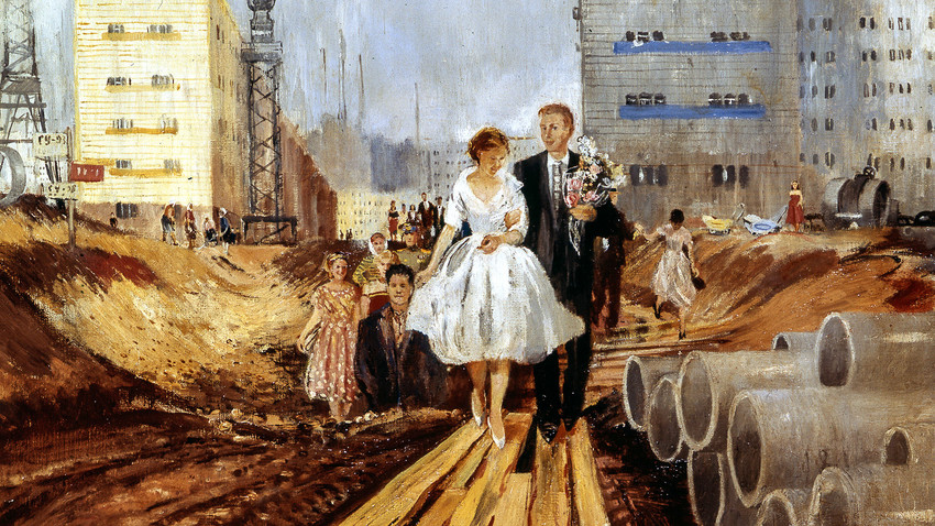Репродукция на картината "Сватба на утрешната улица" на художника Юрий Иванович Пименов. 1962 година.