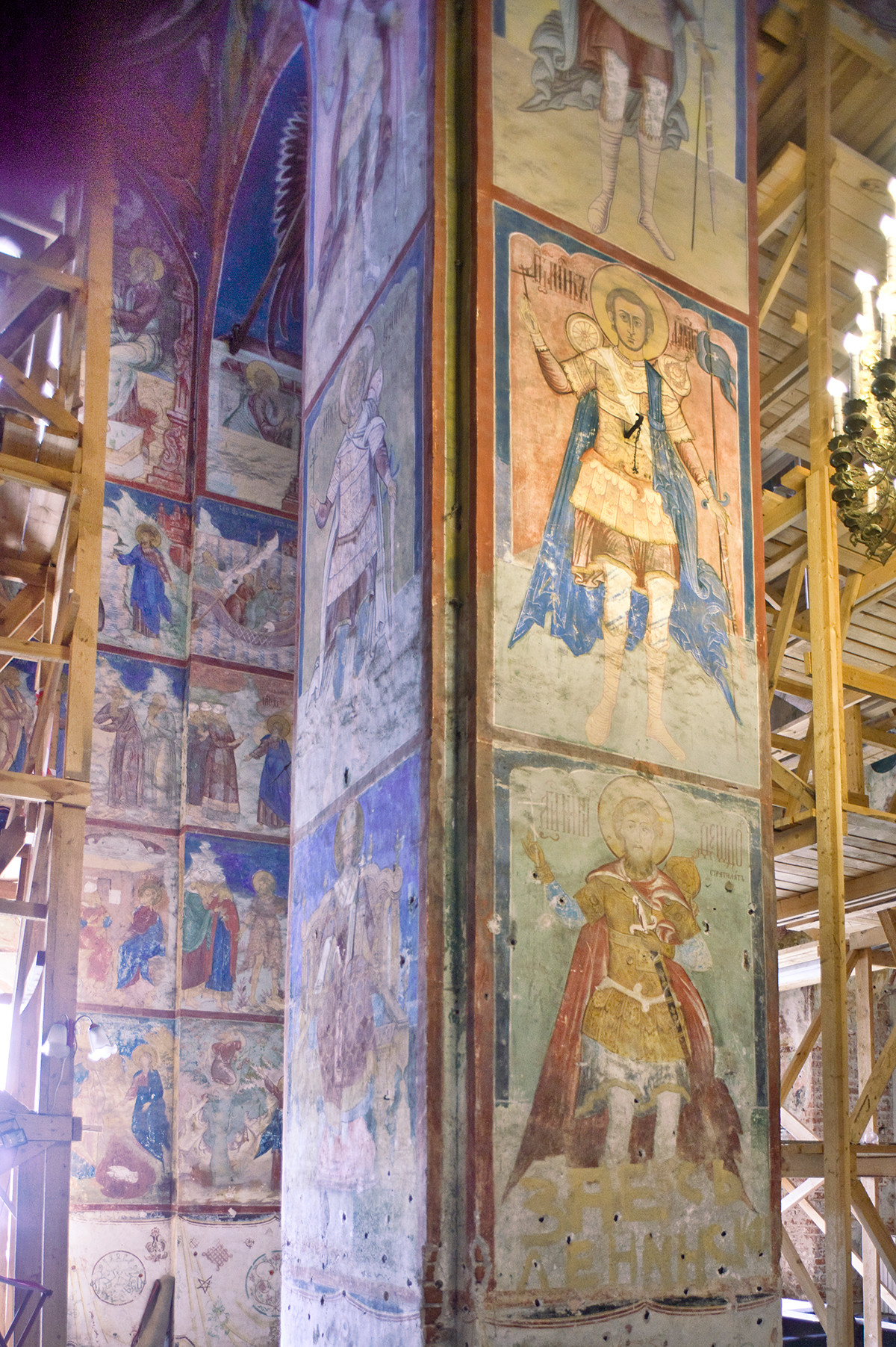 Cathedral of Conception of St. Anne. Interior. Northwest pier with frescoes of warrior saints. July 8, 2019