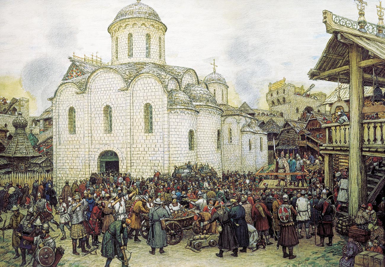 Questo è probabilmente l’aspetto che avevano le  città della Rus’ feudale ai tempi di Basilio II o in precedenza. “La difesa di una città da Khan Tokhtamysh, XIV secolo” è un quadro di Apollinarij Vasnetsov (1856-1933)
