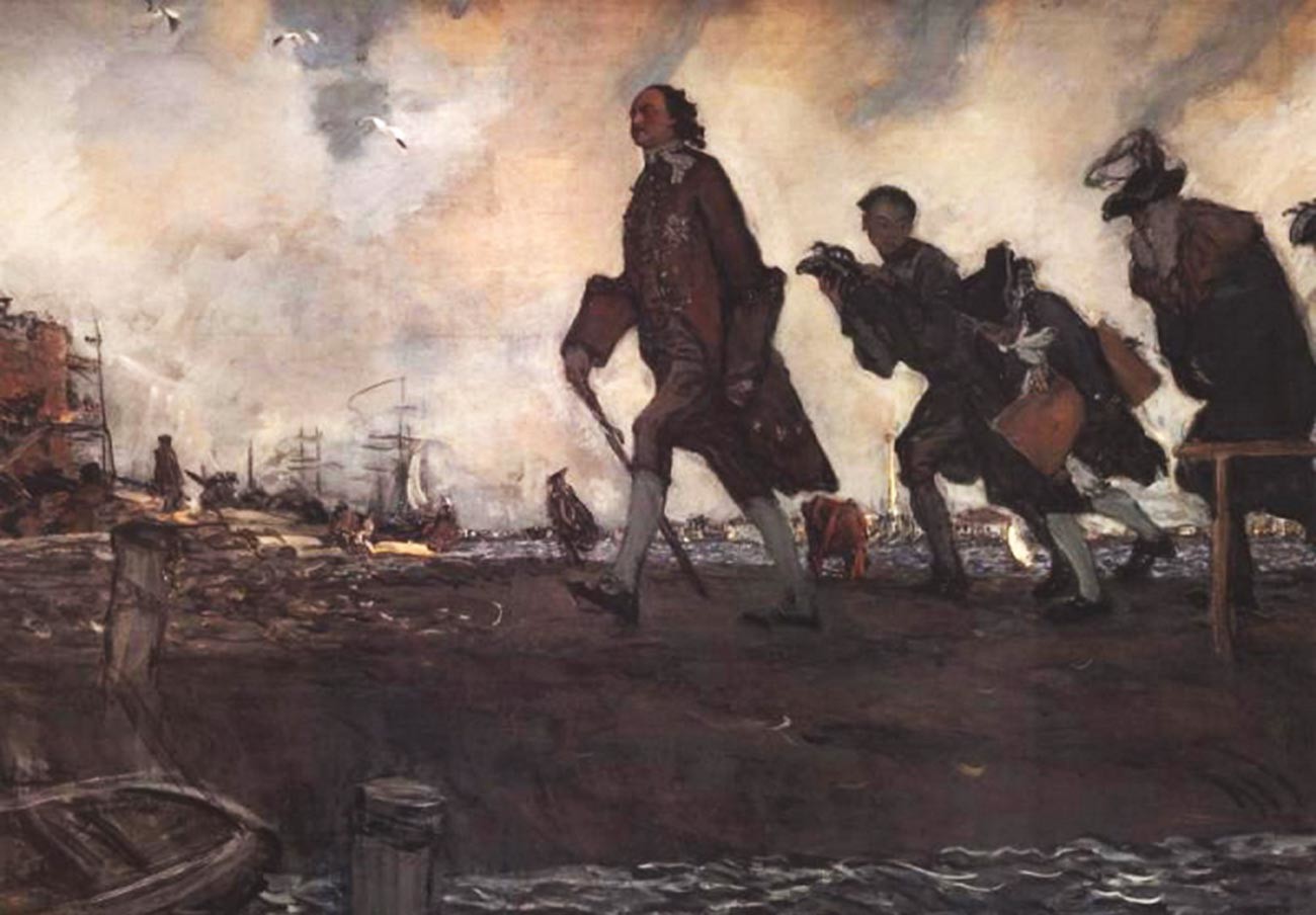 Uno dei pochi dipinti che cercano di mostrare la reale statura di Pietro il Grande e la velocità frenetica dei suoi movimenti. “Pietro I”, dipinto del 1907 di Valentin Serov (1865-1911).
