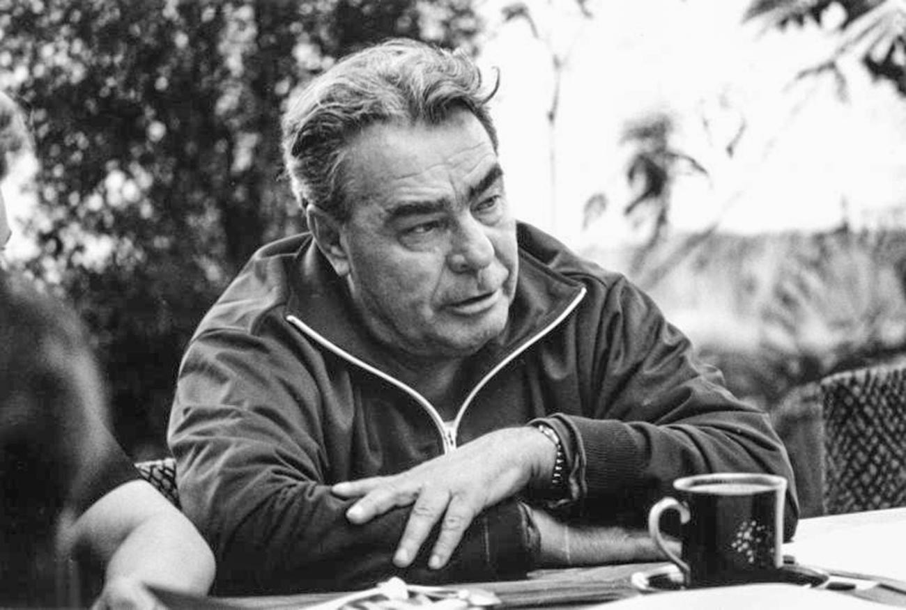 Leonid Brezhnev in a sport suit drinking tea on his dacha