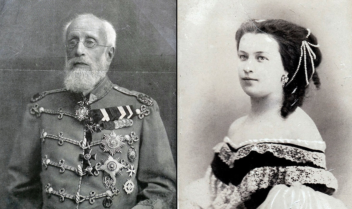 Levo: pesnikov najstarejši sin in general ruske vojske Aleksander Puškin (1833-1914); na desni - Natalija Aleksandrovna Merenberg, rojena Puškina (1836-1913)
