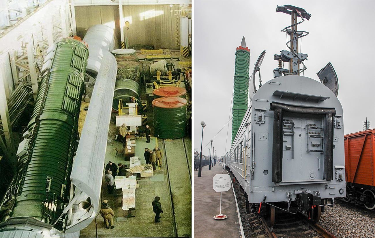 Вляво: Отстраняване на ракетата РТ-23 (по класификация на НАТО SS-24 Scalpel) в Бершет; вдясно: БЖРК 15P961 