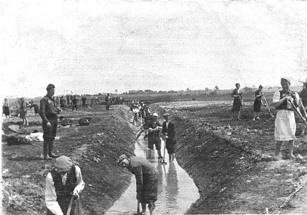  Prisioneros del campo de trabajos forzados de Krychów cavan zanjas de irrigación para el nuevo latifundio alemán del Plan General del Este en 1940. La mayoría de ellos, judíos polacos y algunos romaníes, fueron luego enviados al campo de exterminio de Sobibór.