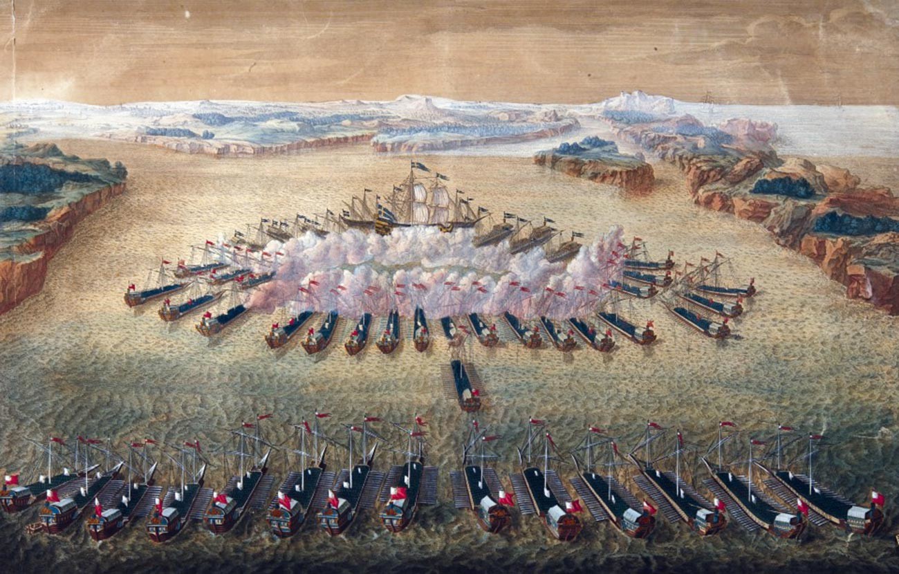 The Battle of Gangut, engraving by Mauritius Bakua