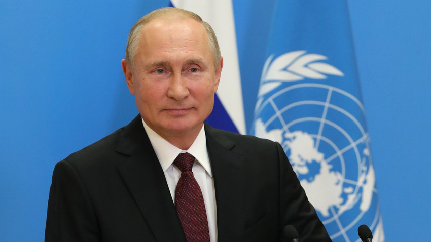 Presiden Rusia Vladimir Putin selama Sidang Majelis Umum PBB secara virtual dari Moskow, Rusia, Selasa (22/9).