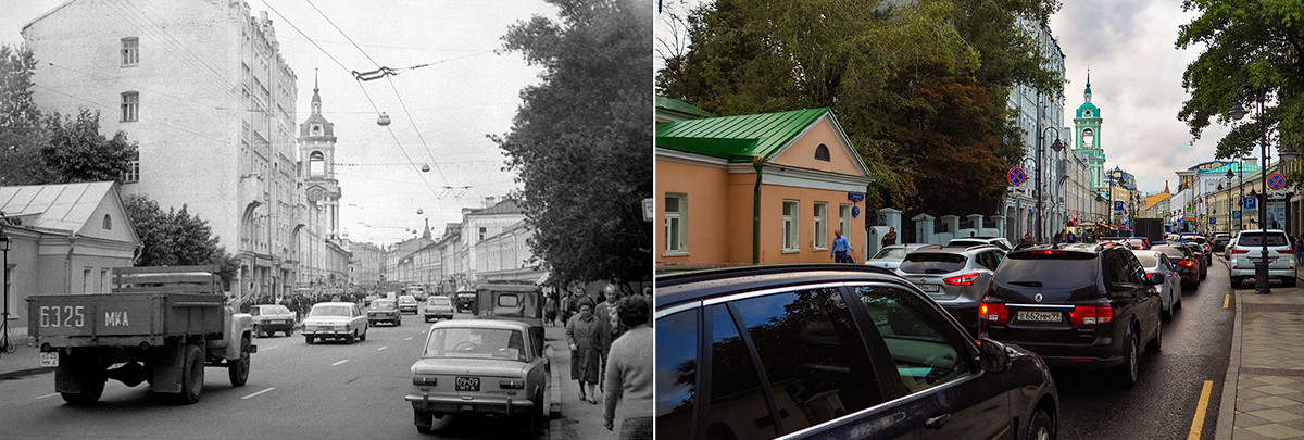 Лево: улица Пјатницка крајем 80-их година прошлог века; десно: 2020. година