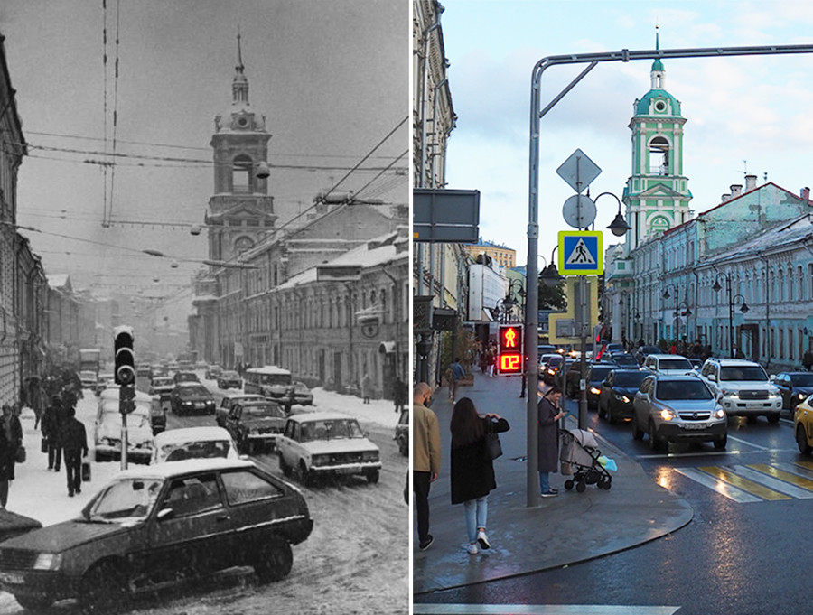 Лево: Поглед на Пјатницку, фебруар 1994.; десно: 2020. година