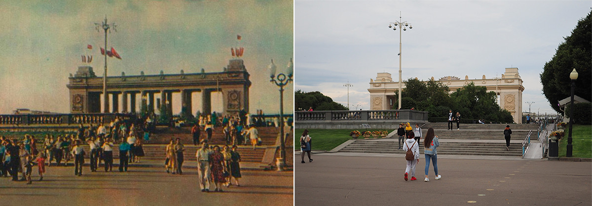 Лево: улаз у парк „Горки“, 1955. година; десно: 2020.