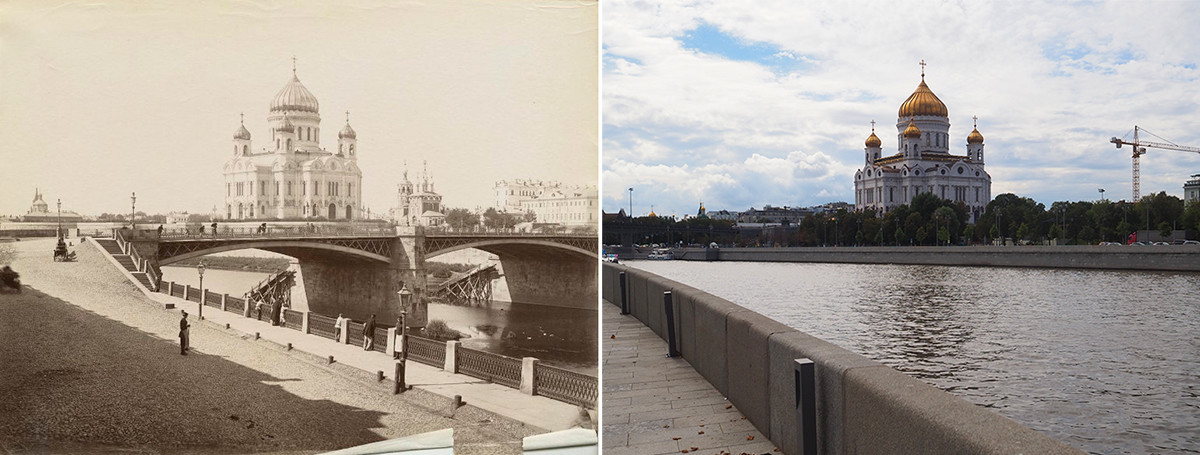 View of the Cathedral of Christ the Savior and Church of Praise to the Blessed Virgin Mary in Bashmaki from the Bersenevskaya Embankment (1880s) / 2020