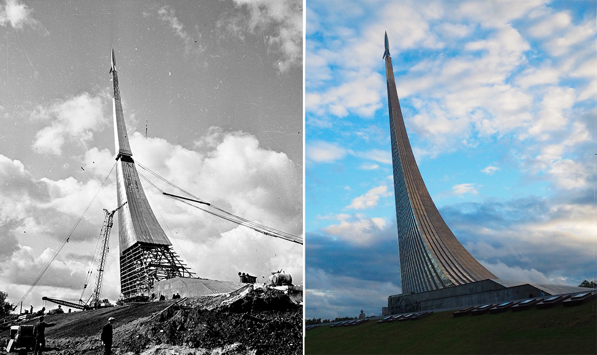 À gauche : monument aux Conquérants de l’espace, en 1963. À droite : en 2020.