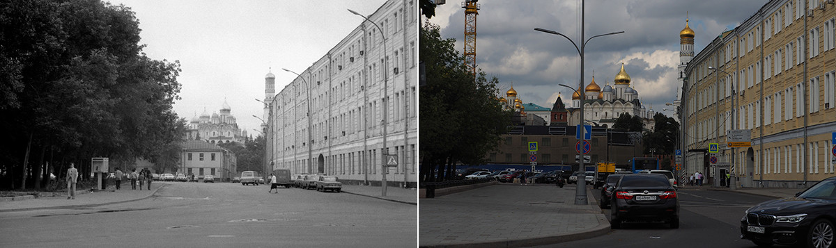 À gauche : vue sur la place Bolotnaïa, en 1991. À droite : en 2020.