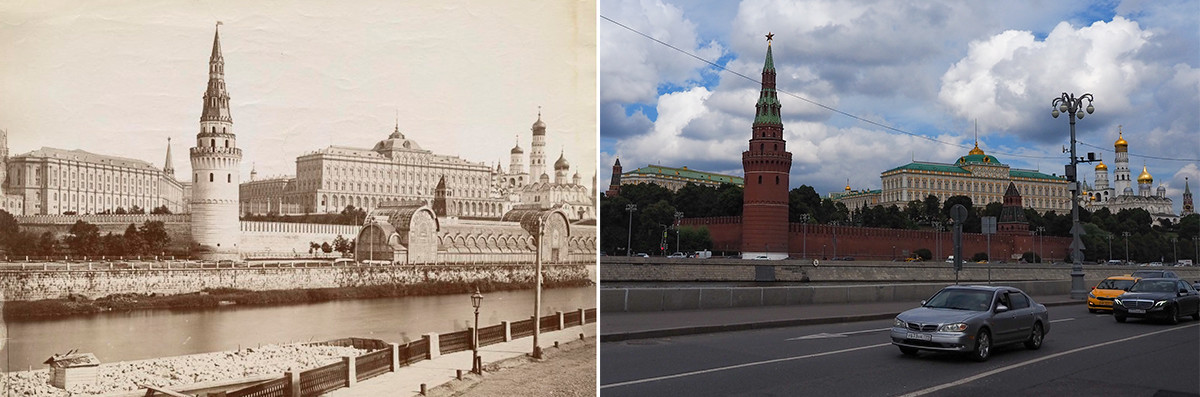 À gauche : vue sur le kremlin depuis du quai de Sofia (entre 1878 et 1883). À droite : en 2020.