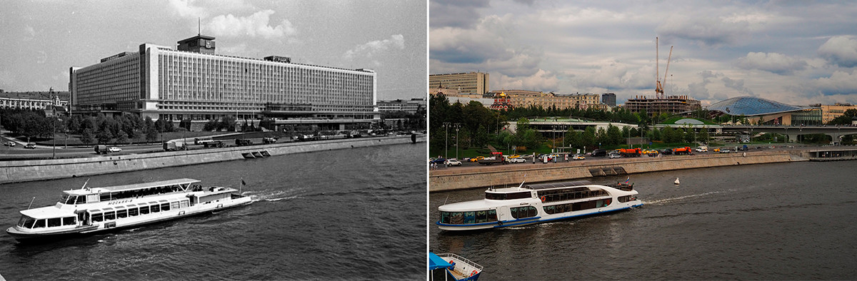 À gauche : hôtel Rossiya dans les années 1970. À droite : parc Zariadié, en 2020.