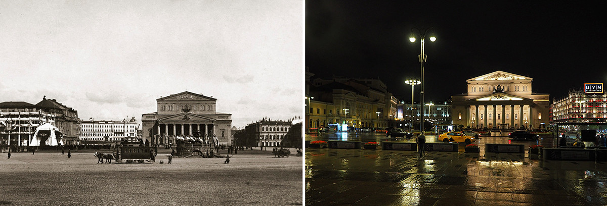 À gauche : place Teatralnaïa en 1896. À droite : en 2020.