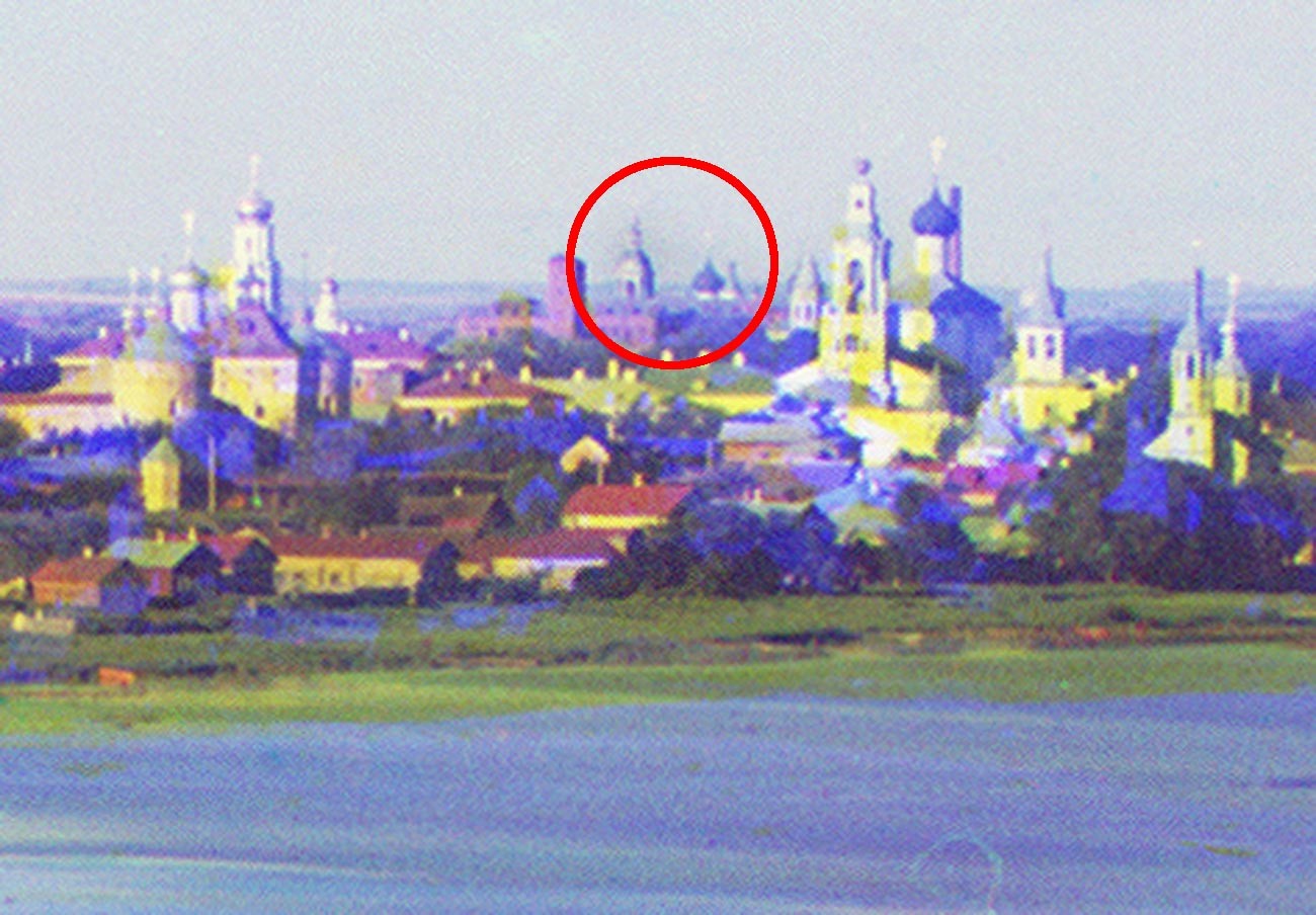Fragment of Rostov panorama taken from bell tower of the Savior St. Yakov Monastery. St. Avraamy Epiphany Monastery visible in center background. Summer 1911