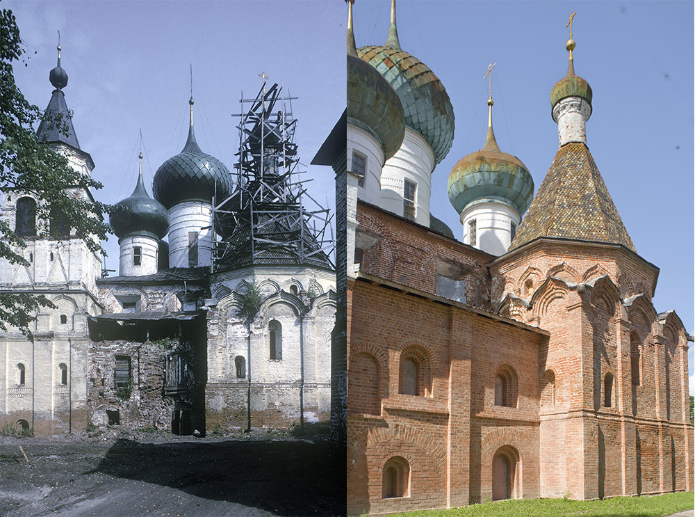 St. Avraamy Epiphany Monastery. Cathedral of the Epiphany, south view with attached Chapel of St. Avraamy. On the left: before restoration, July 29, 1997, on the right: after restoration, July 6, 2019