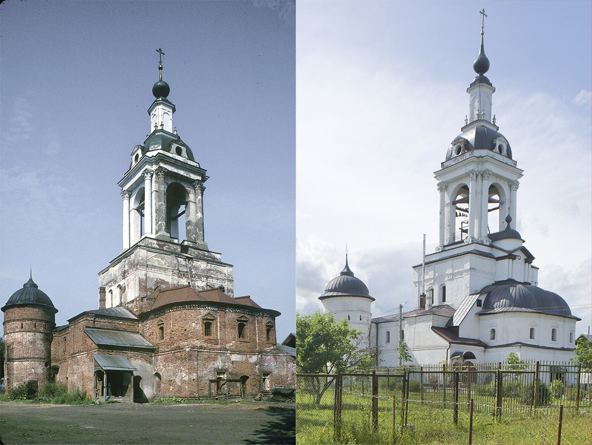 St. Avraamy Epiphany Monastery. Church of St. Nicholas over Holy Gate, southeast view. On the left: before restoration, July 29, 1997; on the right: after restoration, July 6, 2019
