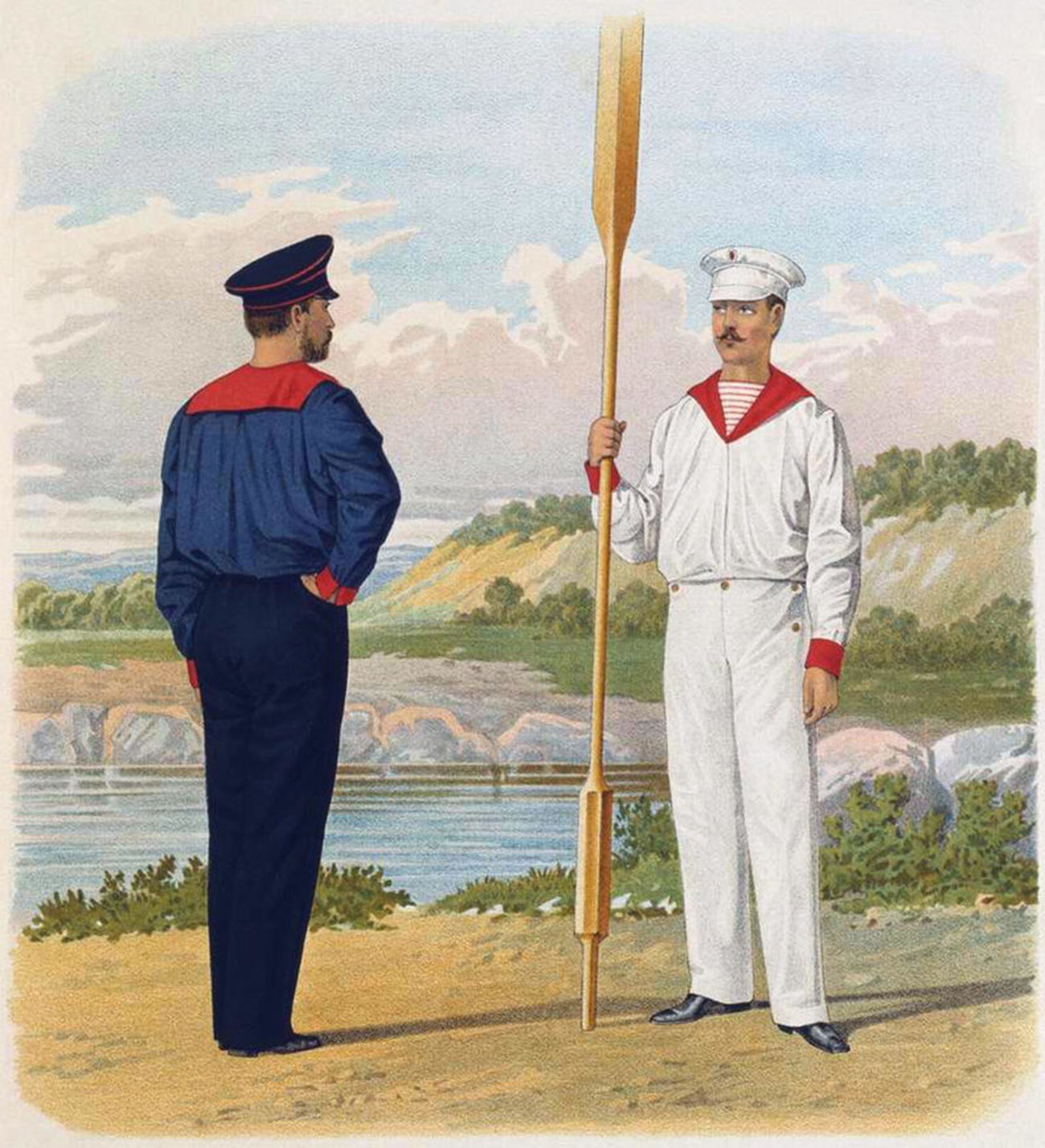 A Russian sailor in a red-striped tel'nyashka.