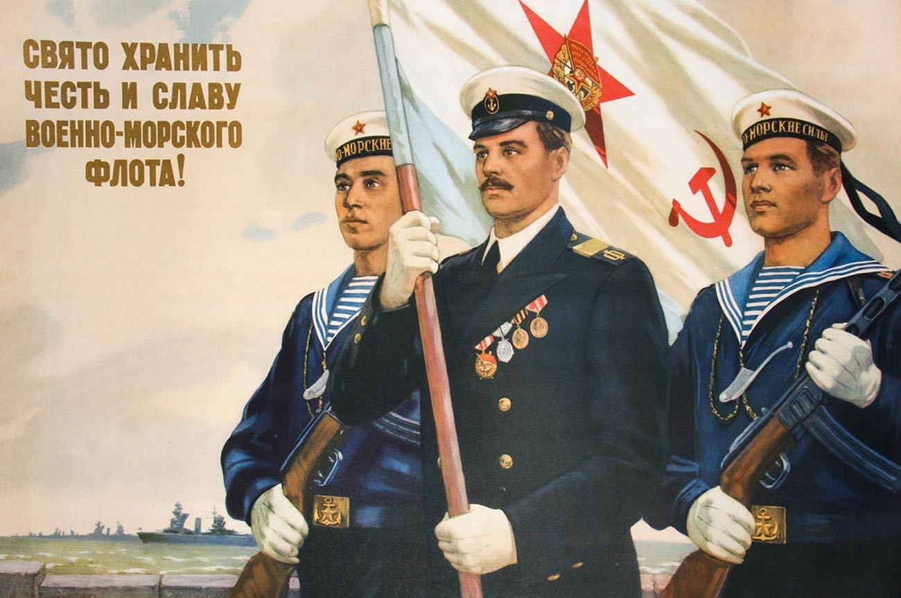 A Soviet agitational poster showing sailors in tel'nyashkas.