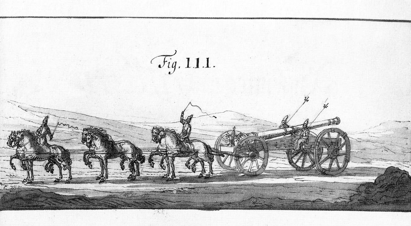 Gravura do século 17 mostrando o transporte de um canhão de campanha russo.