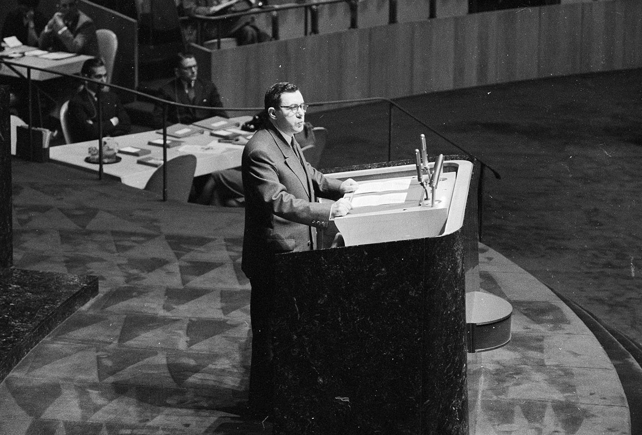 Russian Foreign Minister Andrei Gromyko addresses a meeting of the United Nations General Assembly.