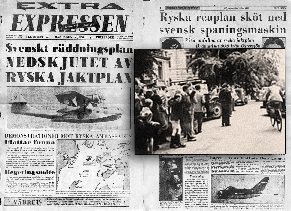 Полосы шведских газет об инциденте с «Каталиной»/Протестующие у советского посольства в Стокгольме.