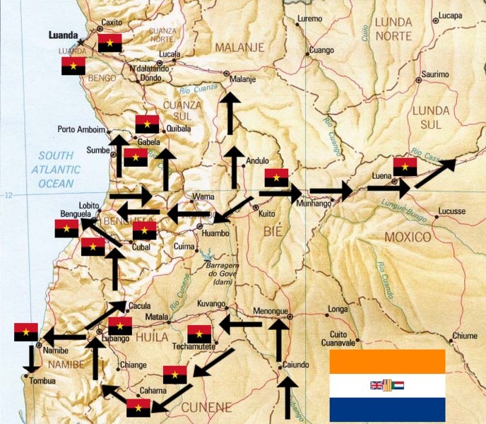 Mapa de movimiento de las tropas sudafricanas durante la operación Savannah (1975-76).
