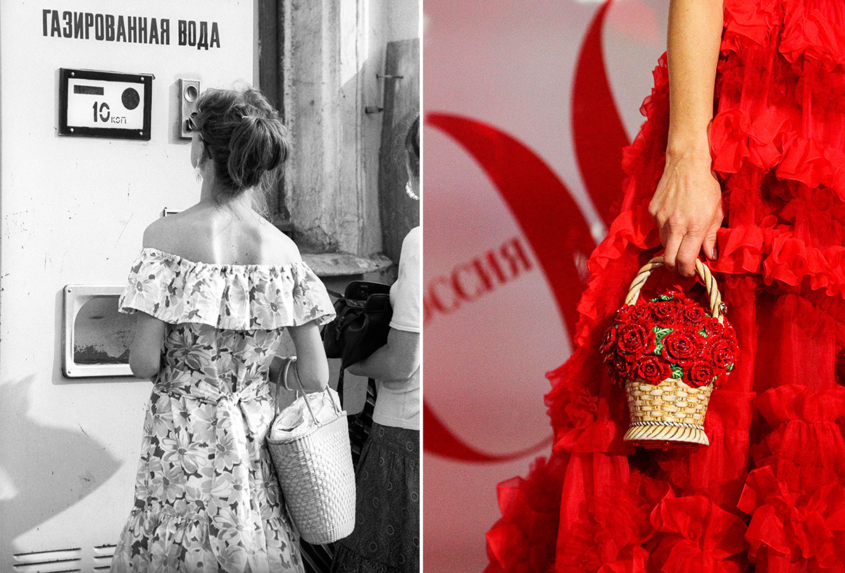 A Soviet lady with a wicker bag vs. A Russian fashion lady with a wicker bag.