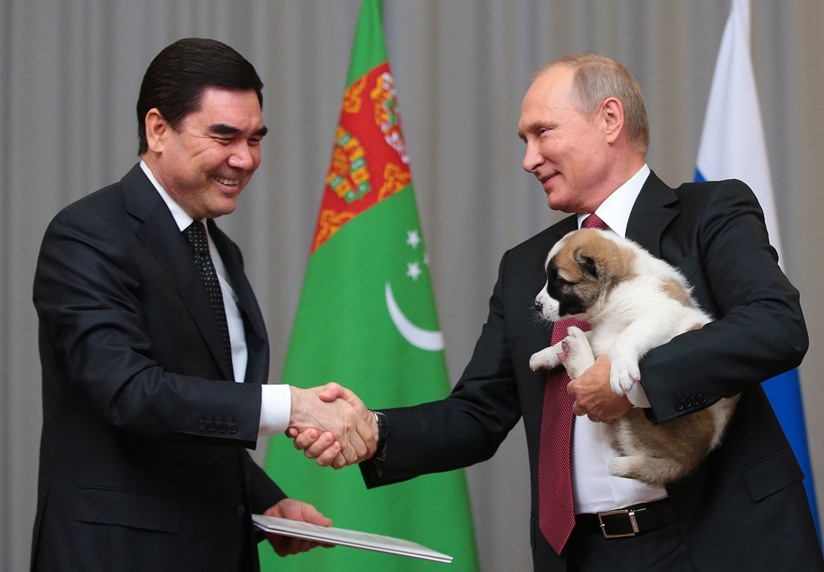 Il presidente del Turkmenistan Gurbanguly Berdimuhamedow regala a Putin un cucciolo di cane 