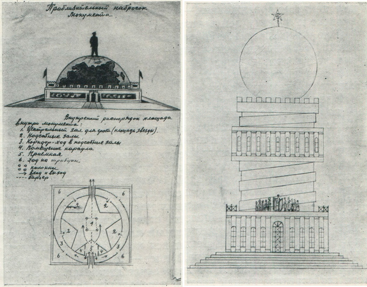 Links: Ein Mausoleum-Projekt von V. Gawrilin. Rechts: Ein Mausoleum-Projekt von V. Gubanow. 
