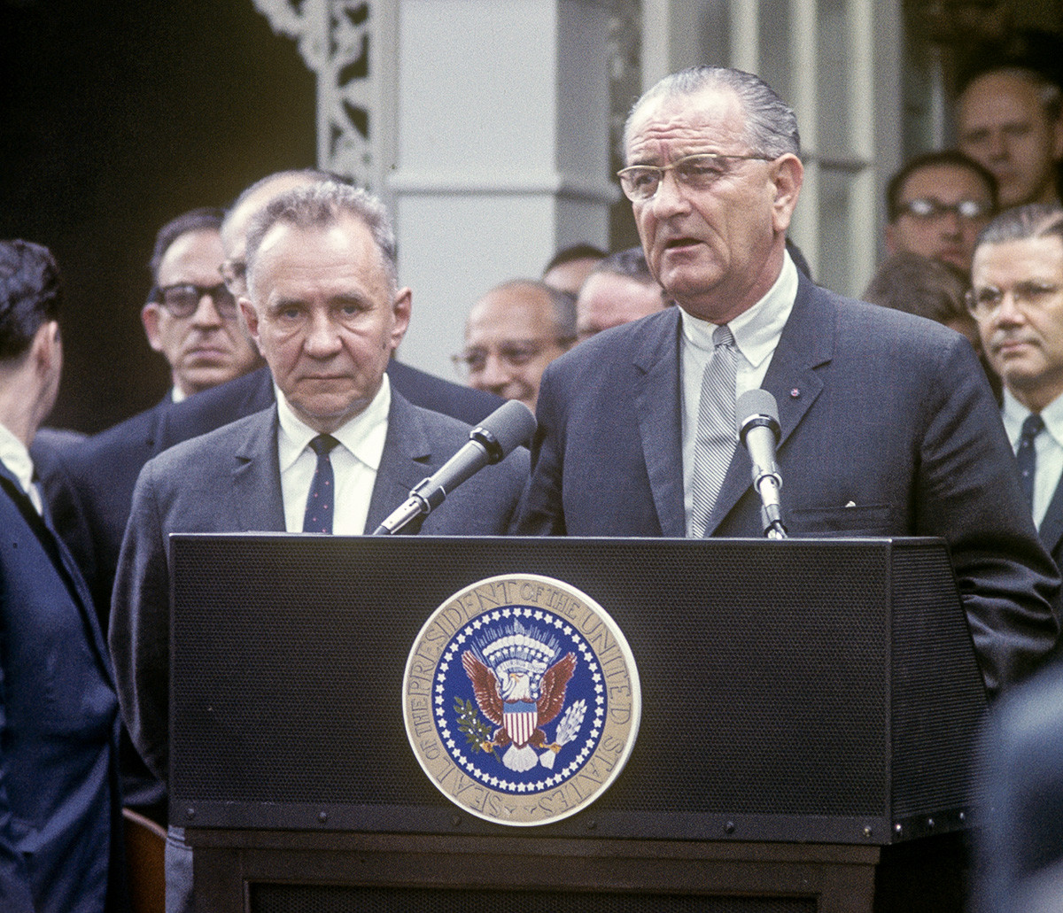 Alexei Kosygin and President Lyndon Johnson speaking at the podium at Glassboro Summit, Glassboro, NJ, June 1967