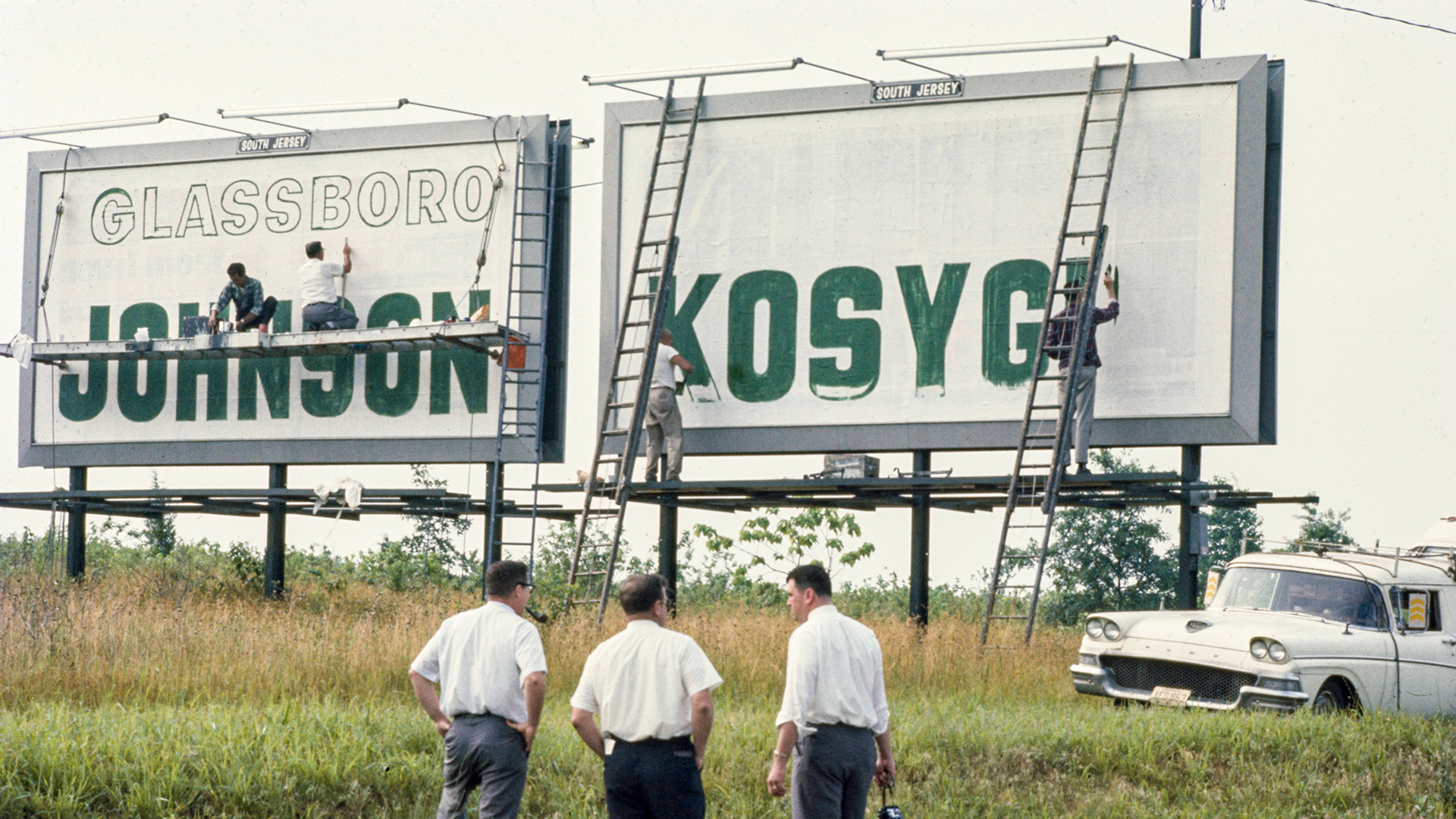 Welcome signs with the names Johnson and Kosygin on the highway during the Glassboro Summit Conference on Soviet-U.S. relations in Glassboro