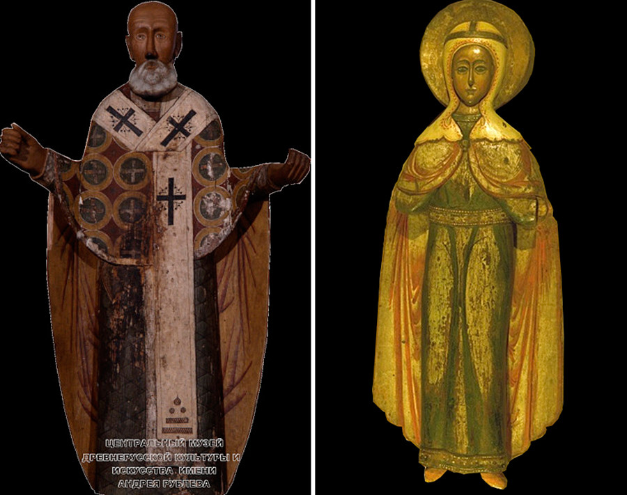 On the left: a 17th-century wooden statue of St Nicholas of Mozhaysk; on the right: a 17th century statue of the Great Martyr Paraskeva