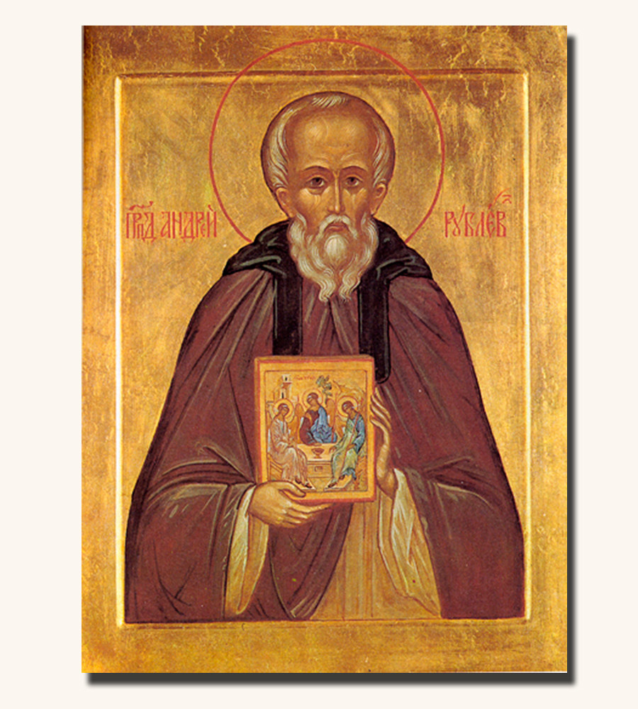 Icon of Andrei Rublev holding his own icon of Trinity in his hands