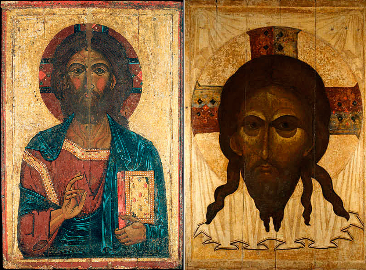 Na levi: ikona Kristusa Pantokratorja iz 13. stoletja; na desni: ikona Kristusa iz Edese iz 14. stoletja
