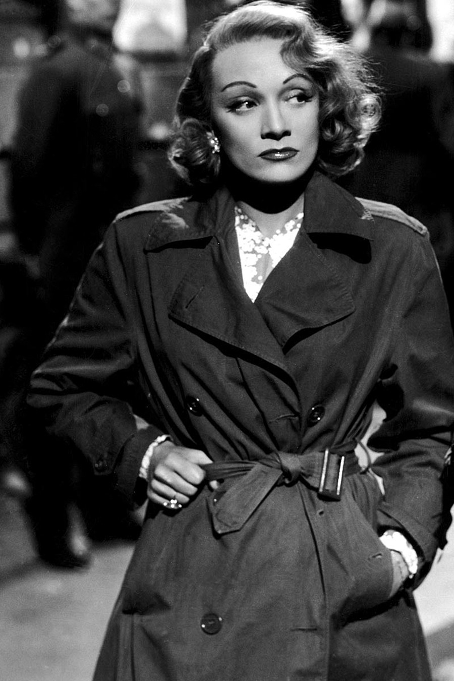 Marlene Dietrich wearing a trench coat in A Foreign Affair.