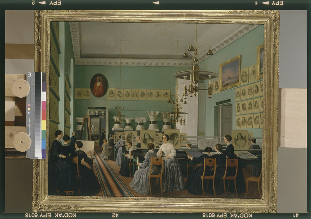 Ekaterina Khilkova / Vista interna del Dipartimento femminile della scuola di disegno per studenti esterni di San Pietroburgo, 1855
