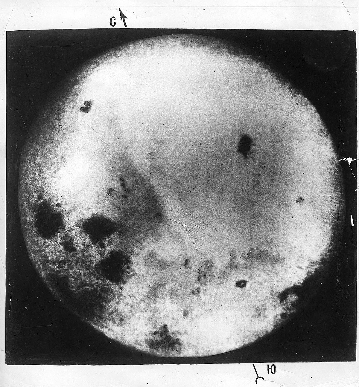 One of the first photographs of the far side of the Moon the Luna-3 took.