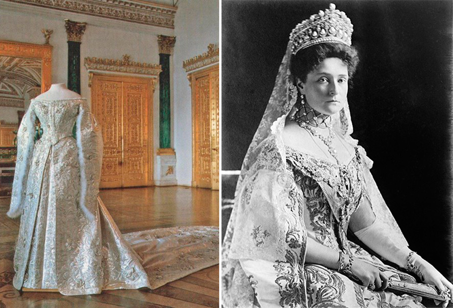 Сватбена рокля на Александра Фьодоровна от Ермитажа; Александра Фьодоровна (вдясно).